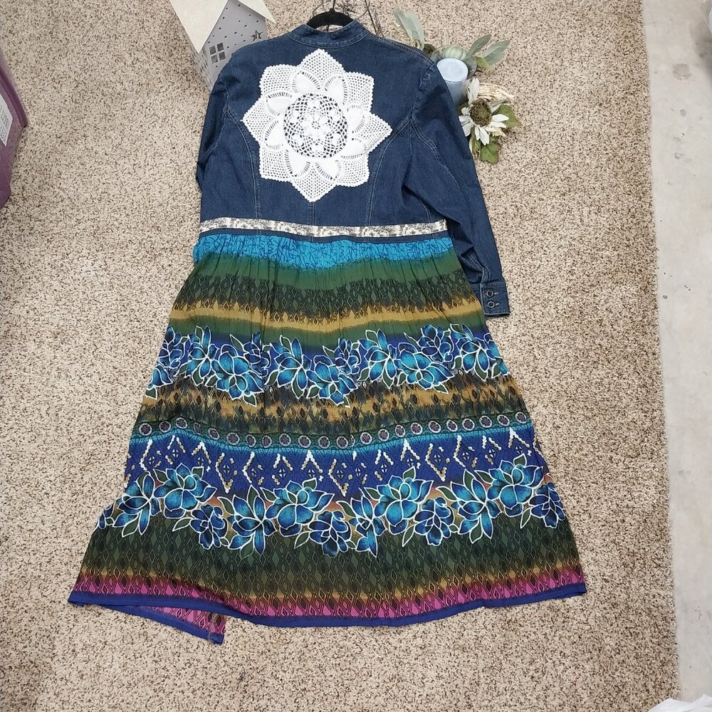 3548 Size XL Upcycled Lands End Jean Jacket Tunic with Crochet Embellishments. - Picture 1 of 9
